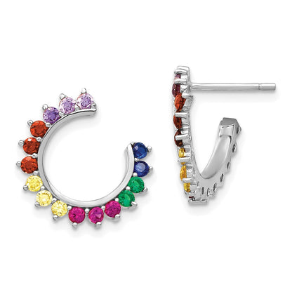 Sterling Silver Prizma Rhodium-Plated Colorful Cz Open Hoop Post Earrings