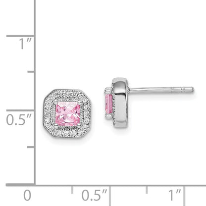 Sterling Silver Rhodium Plated Square Pink Cz And Clear Post Earrings
