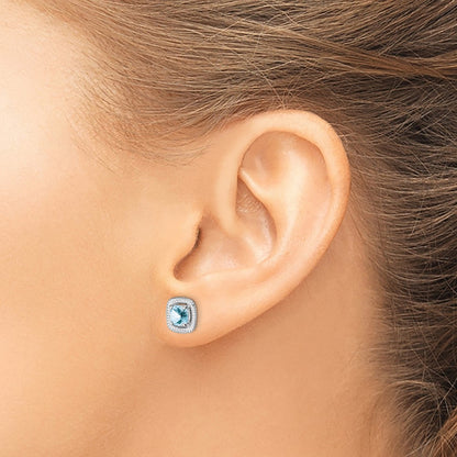 Sterling Silver Rhod-Plat Aquamarine Square Post Earrings