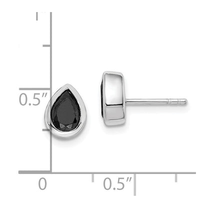 Sterling Silver Rhod-Plated Polished Black Cz Teardrop Bezel Stud Earrings