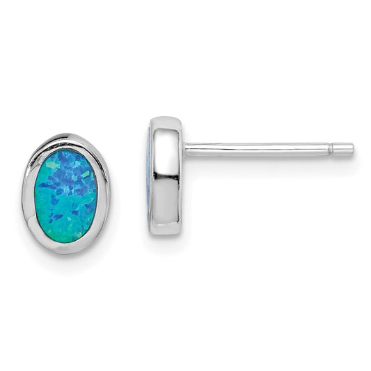 Sterling Silver Rh-Plated Polished Blue Created Opal Oval Stud Earrings