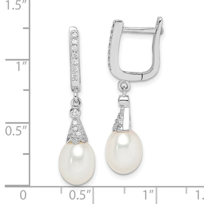 Sterling Silver Rhodium-Plated 7-8mm White Rice Fwc Pearl Cz Earrings
