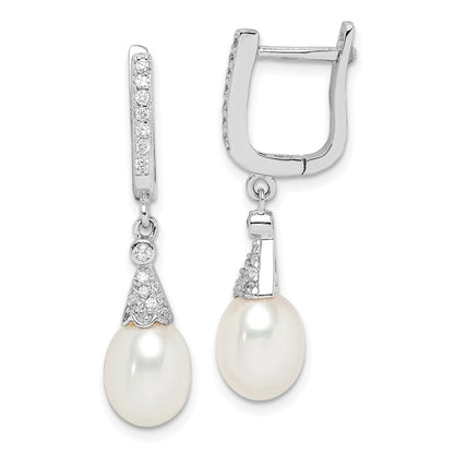Sterling Silver Rhodium-Plated 7-8mm White Rice Fwc Pearl Cz Earrings