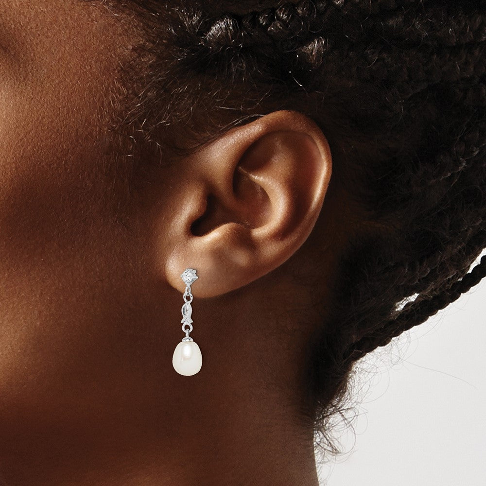 Sterling Silver Rhodium-Plated 7-8mm White Rice Fwc Pearl Cz Earrings