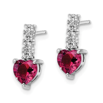 Sterling Silver Polish Rhod-Plated Created Ruby Heart Post Dangle Earrings