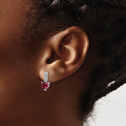 Sterling Silver Polish Rhod-Plated Created Ruby Heart Post Dangle Earrings