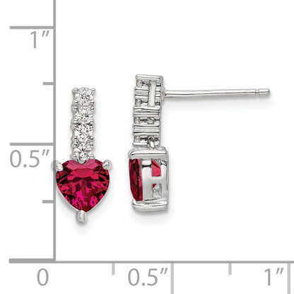 Sterling Silver Polish Rhod-Plated Created Ruby Heart Post Dangle Earrings