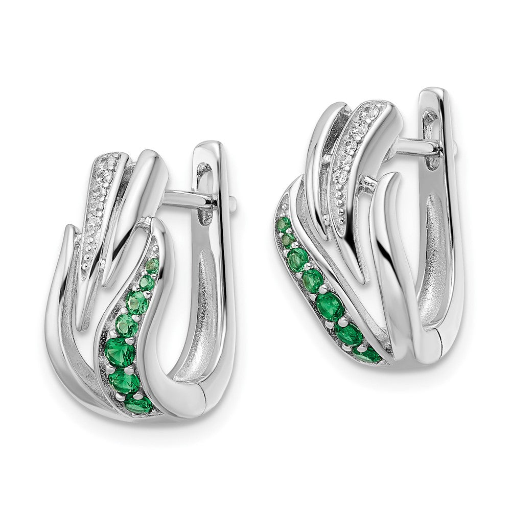 Sterling Silver Rhodium-Plated Green & White Cz Hinged Hoop Earrings