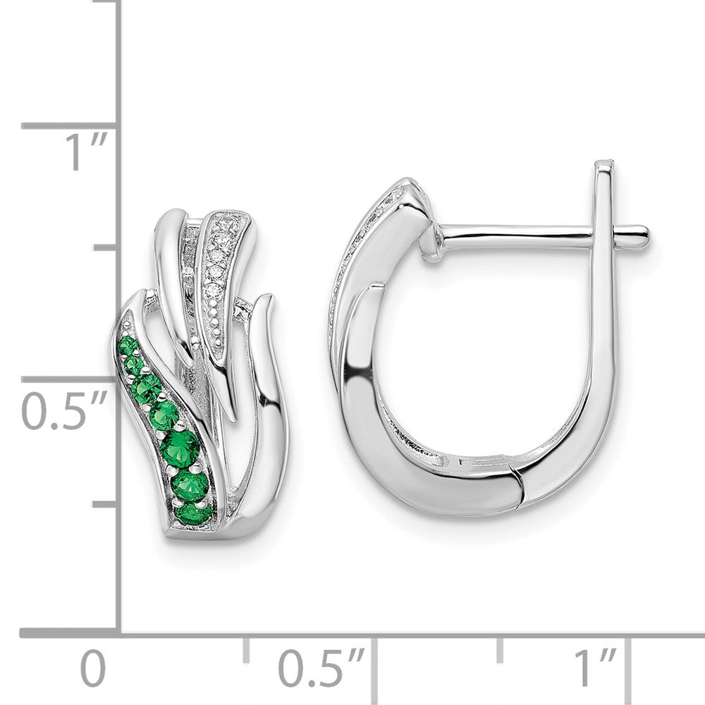 Sterling Silver Rhodium-Plated Green & White Cz Hinged Hoop Earrings