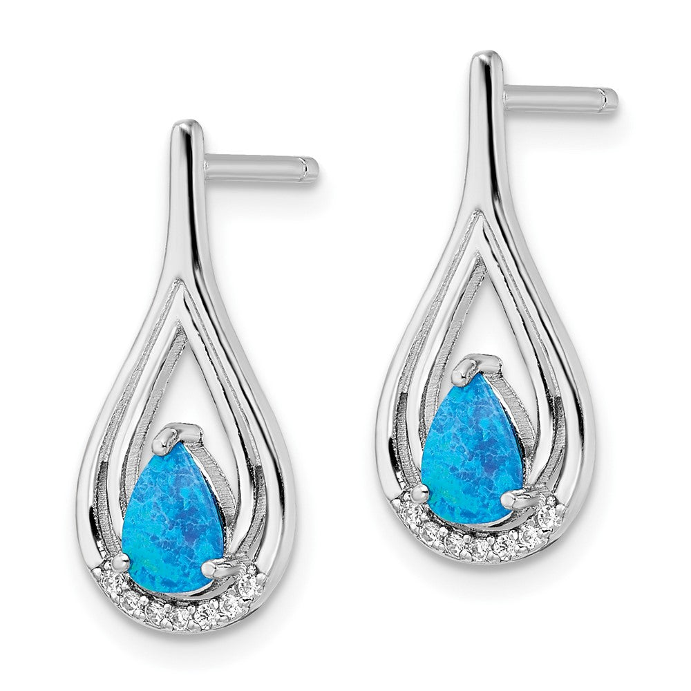 Sterling Silver Rh-Plated Pear Shape Blue Created Opal Cz Post Earrings