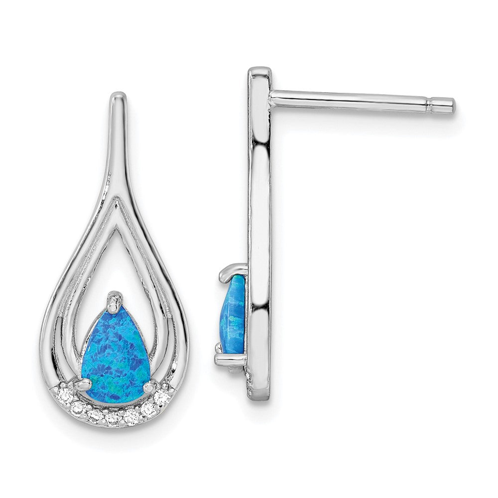 Sterling Silver Rh-Plated Pear Shape Blue Created Opal Cz Post Earrings
