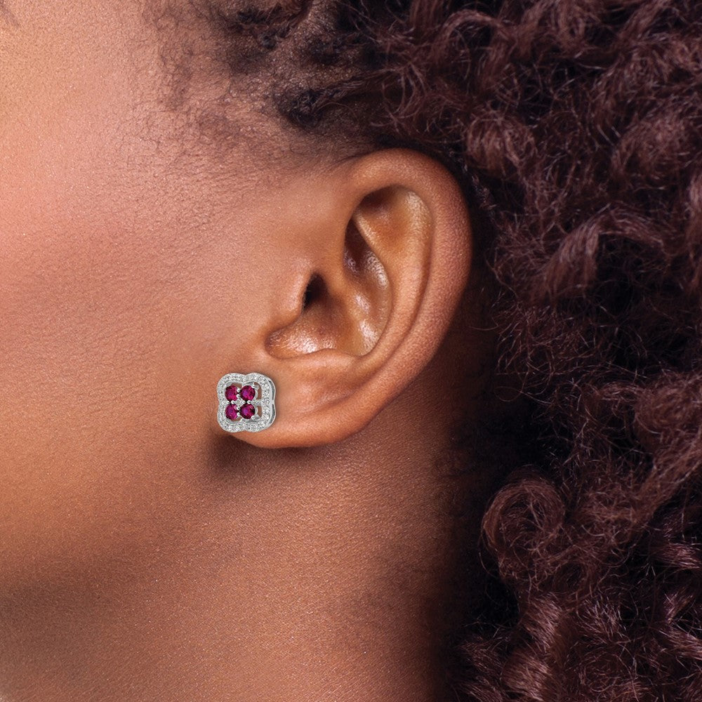 Sterling Silver Rhodium-Plated Created Ruby And Cz Clover Post Earrings