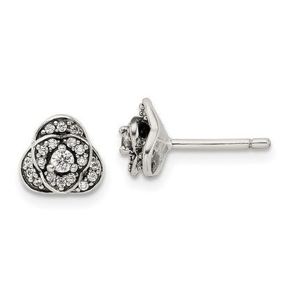 Sterling Silver Antiqued Cz Trilogy Post Earrings