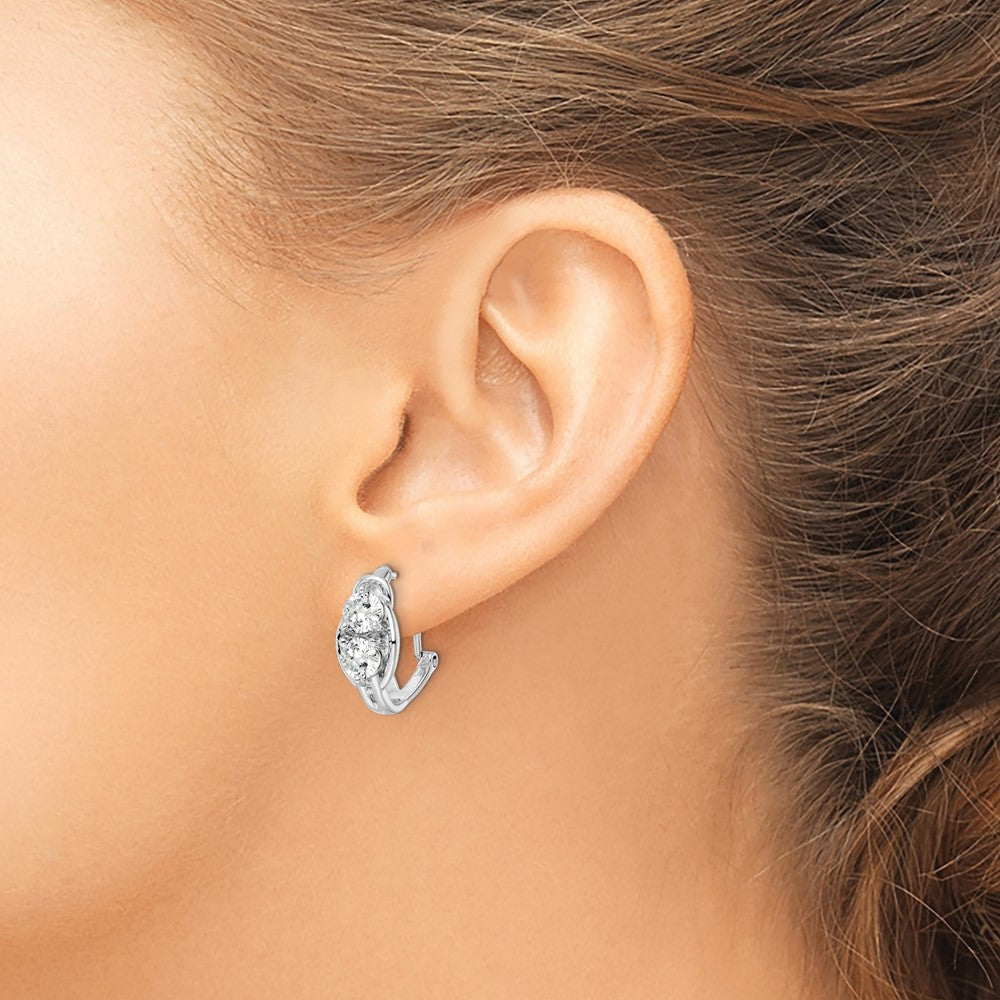 Sterling Silver Rhodium-Plated Polished Cz Omega Back J-Hoop Earrings