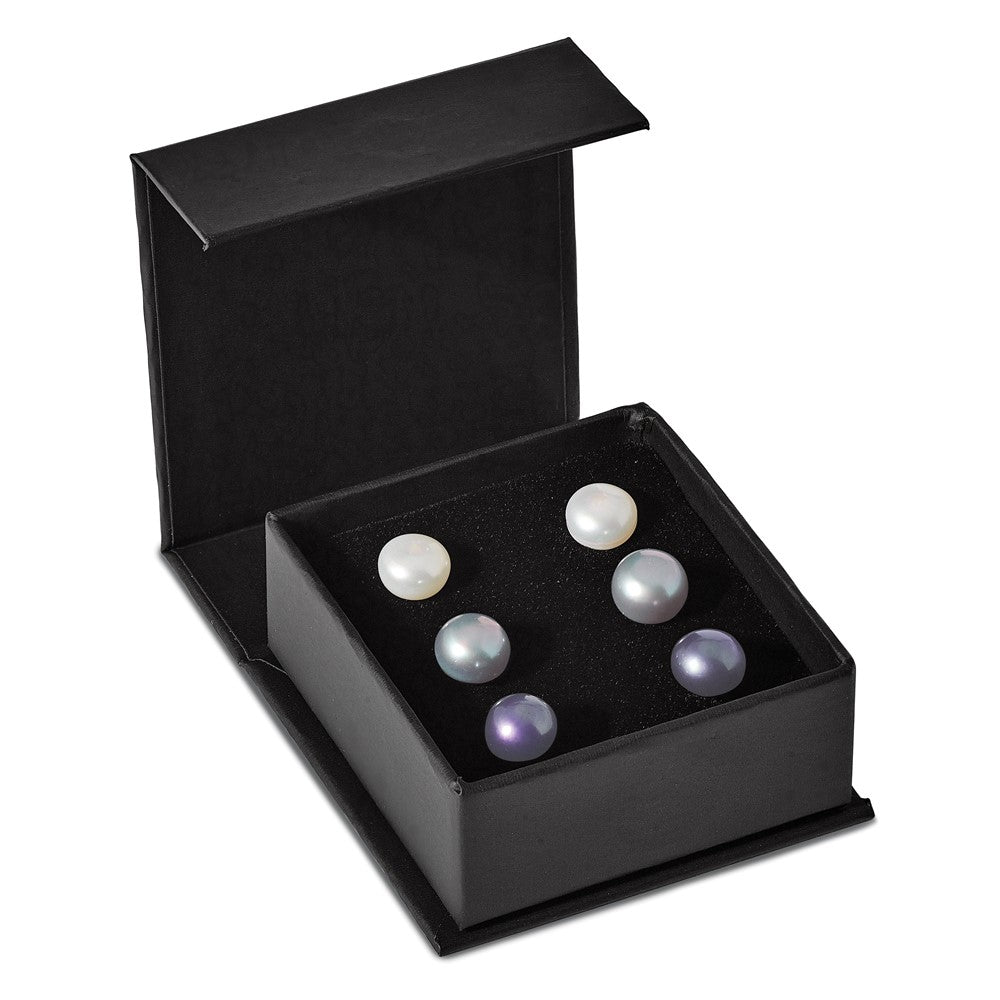 Sterling Silver Rh-Pl 8-9mm Set Of 3 Wt/Bk/Grey Button Fwc Pearl Earrings