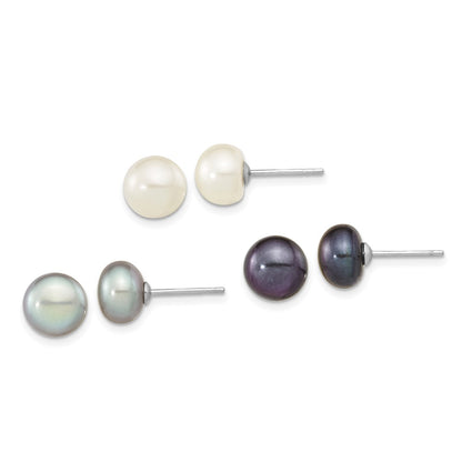 Sterling Silver Rh-Pl 8-9mm Set Of 3 Wt/Bk/Grey Button Fwc Pearl Earrings