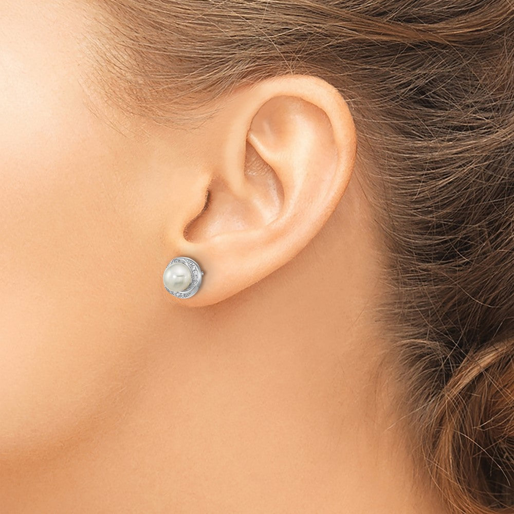 Sterling Silver Rho-Plated Cz 6-7mm White Button Fwc Pearl Post Earrings