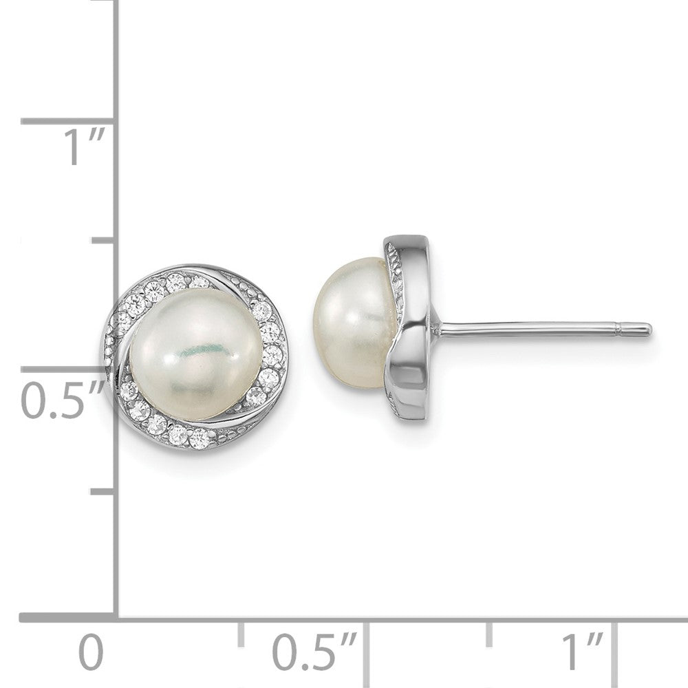 Sterling Silver Rho-Plated Cz 6-7mm White Button Fwc Pearl Post Earrings