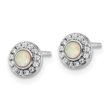Sterling Silver Rhod-Plated Polished Created Opal & Cz Halo Post Earrings