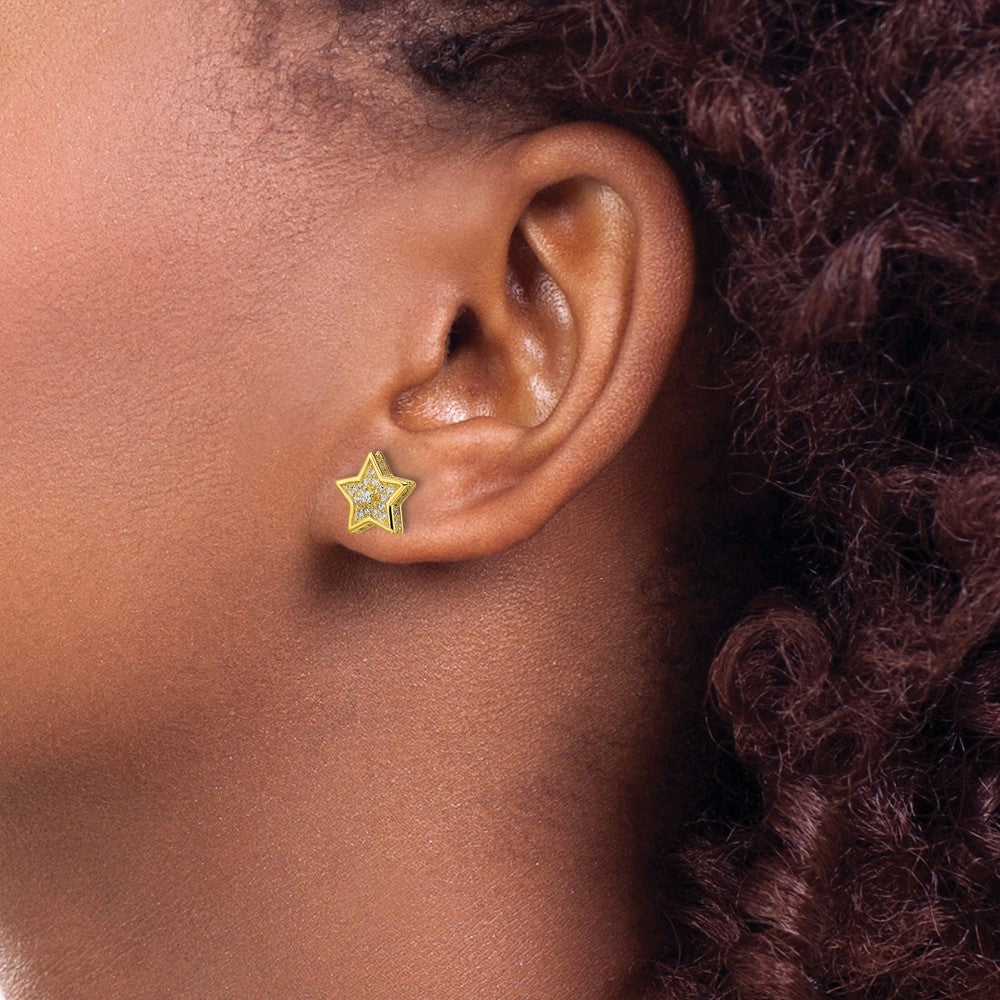Sterling Silver Polished Gold-Tone Cz Star Post Earrings