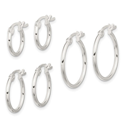Sterling Silver Rhodium-Plated Polished Set of 3 Hoop Earring Set