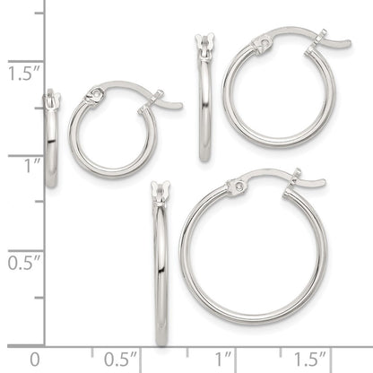 Sterling Silver Rhodium-Plated Polished Set of 3 Hoop Earring Set