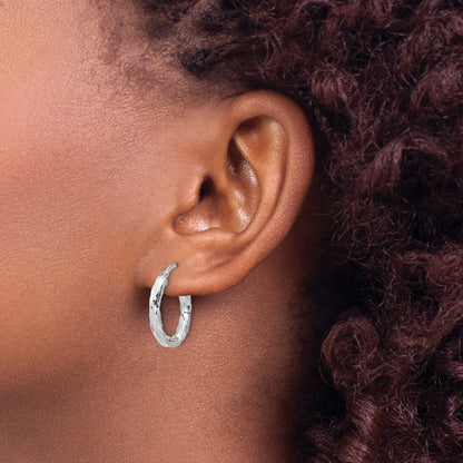 Sterling Silver Rhodium Plated Polished and Textured Twisted Oval Hoop Earrings