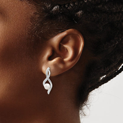 Sterling Silver Rhodium-Plated Fancy Twist Glass Pearl Post Dangle Earrings