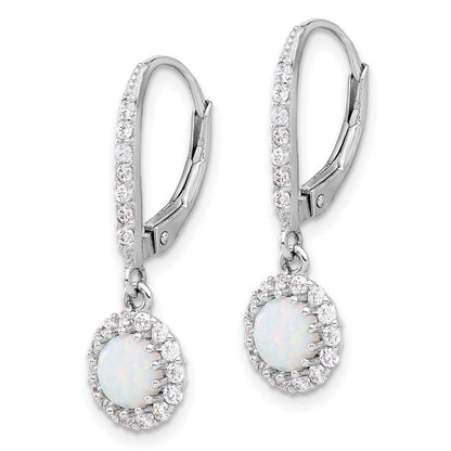 Sterling Silver Rhodium Plated CZ & Cr. Opal Halo Dangle Leverback Earrings