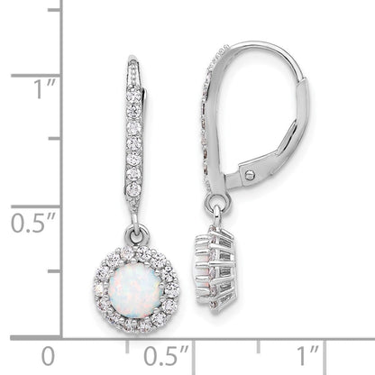 Sterling Silver Rhodium Plated CZ & Cr. Opal Halo Dangle Leverback Earrings