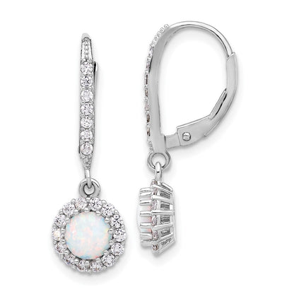 Sterling Silver Rhodium Plated CZ & Cr. Opal Halo Dangle Leverback Earrings