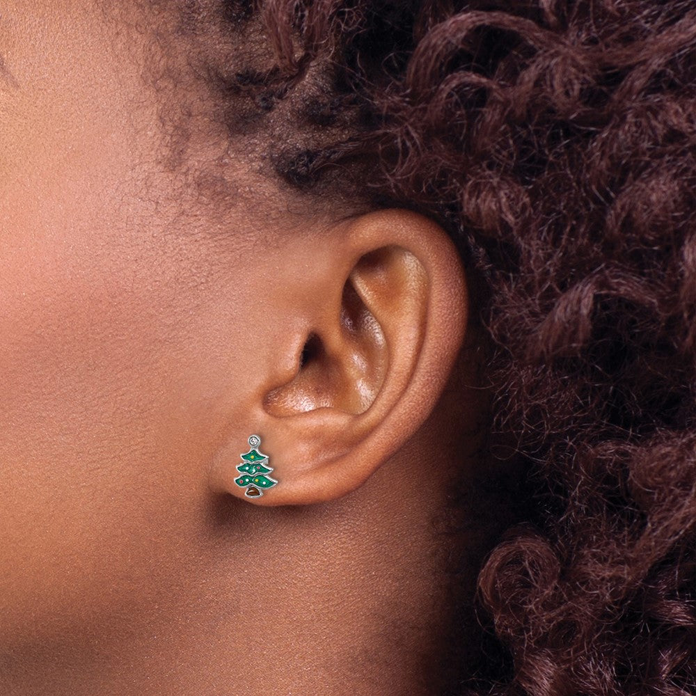 Sterling Silver Rhodium Plated Green Enamel Crystal Christmas Tree Post Earrings