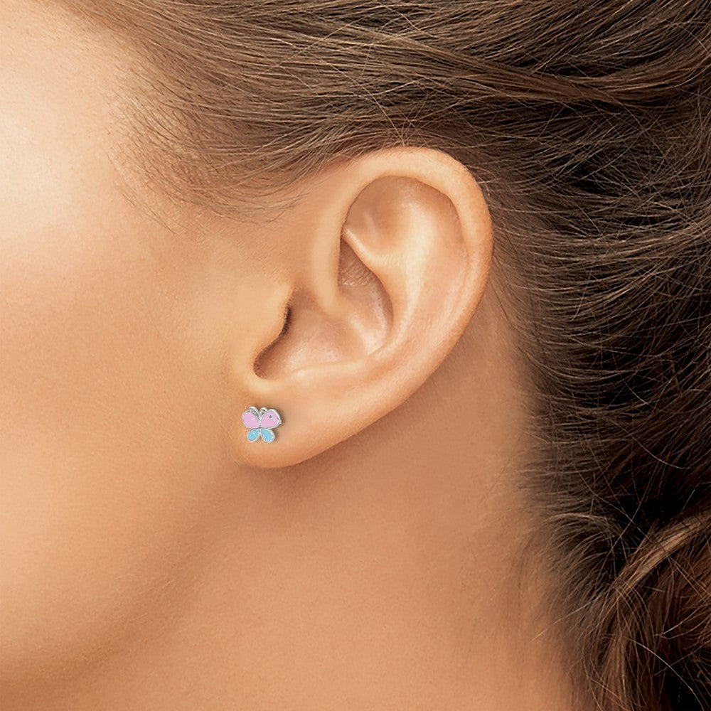 Sterling Silver Rh-Pltd Blue/pink Enamel Butterfly Children's Post Earrings