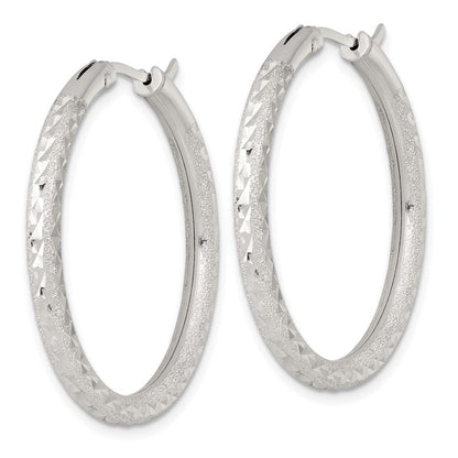 Sterling Silver Laser/dia-Cut 35x3.25mm Hidden Catch Round Hoop Earrings