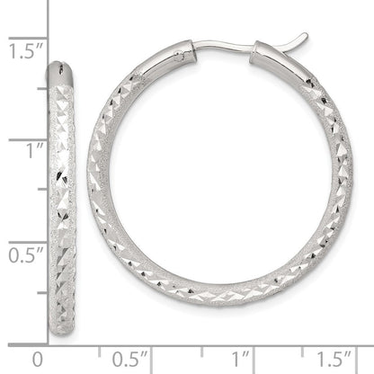 Sterling Silver Laser/dia-Cut 35x3.25mm Hidden Catch Round Hoop Earrings
