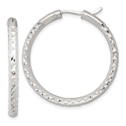 Sterling Silver Laser/dia-Cut 35x3.25mm Hidden Catch Round Hoop Earrings