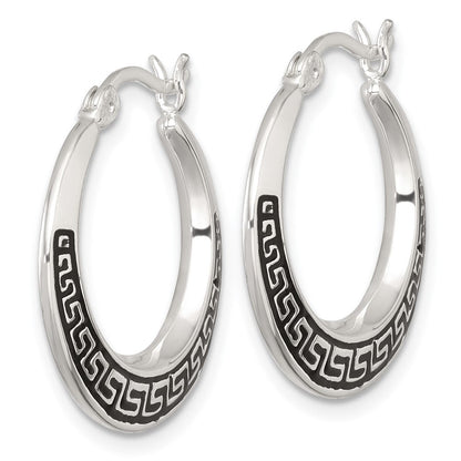 Sterling Silver Polished and Enameled Greek Key Hoop Earrings