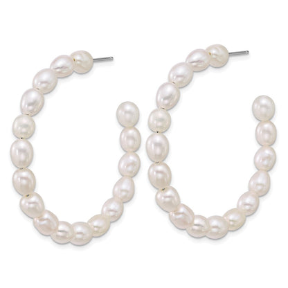 Sterling Silver Rhodium Plated 5-6mm Rice Fwc Pearl Post Hoop Earrings