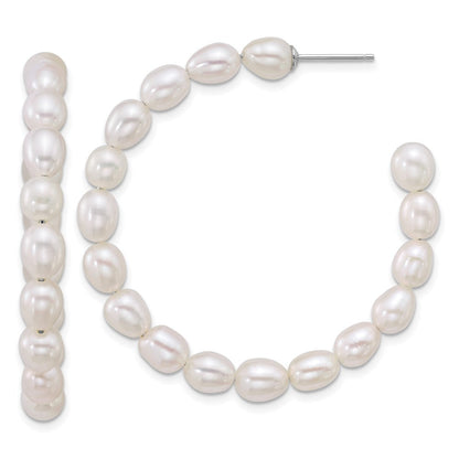 Sterling Silver Rhodium Plated 5-6mm Rice Fwc Pearl Post Hoop Earrings