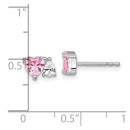 Sterling Silver Rhodium Plated Pink White Heart and Pear-Shaped CZ Post Earrings