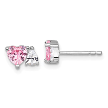 Sterling Silver Rhodium Plated Pink White Heart and Pear-Shaped CZ Post Earrings