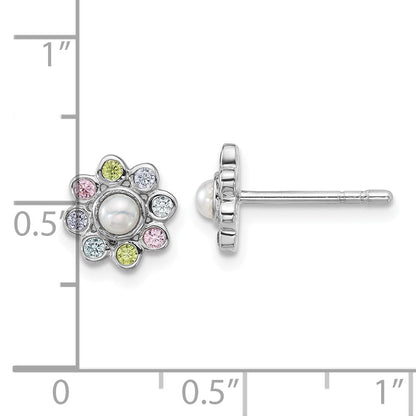Sterling Silver Rhodium Plated Children's CZ and Fwc Pearl Post Earrings