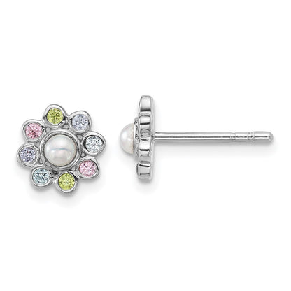 Sterling Silver Rhodium Plated Children's CZ and Fwc Pearl Post Earrings