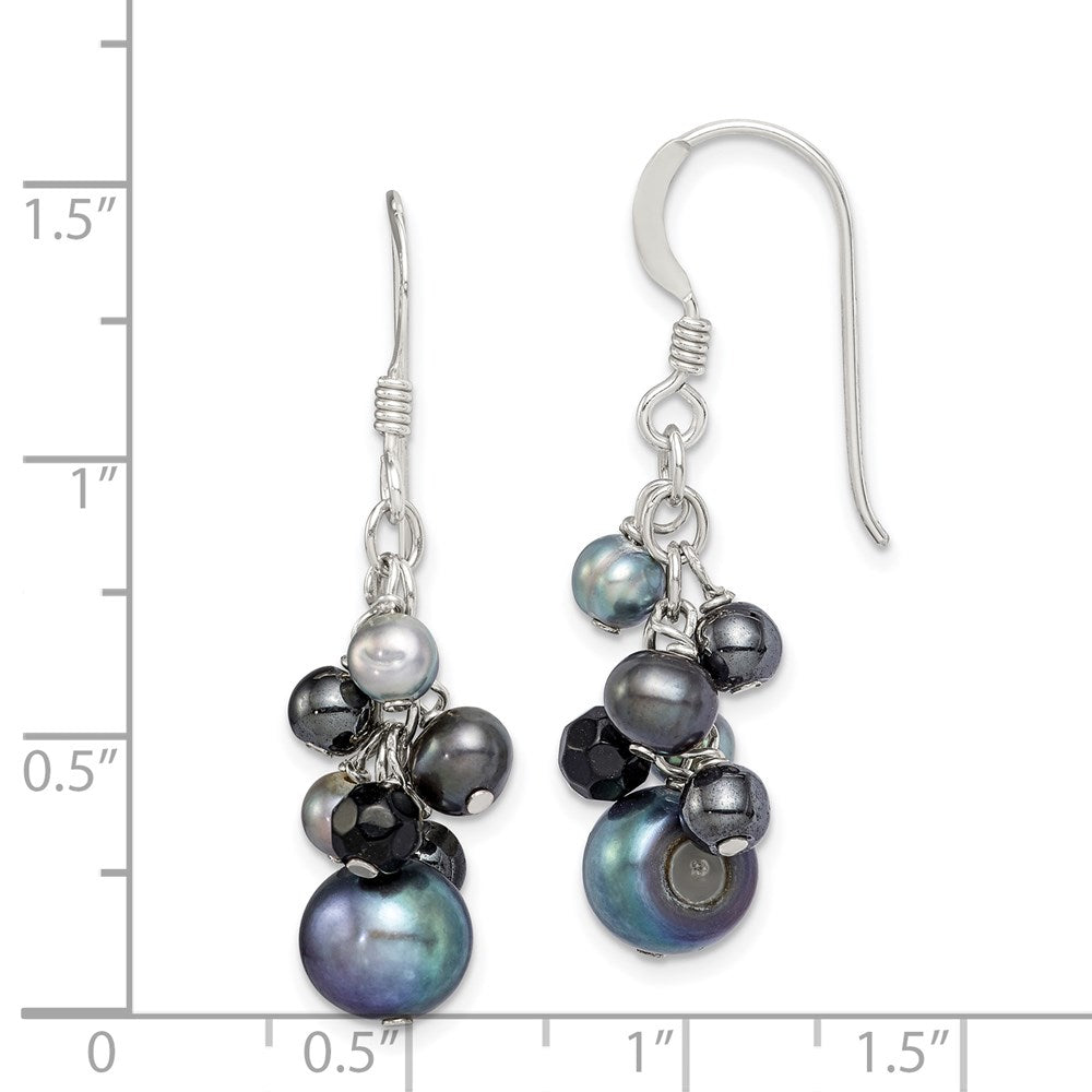 Sterling Silver Polished Black & Grey Freshwater Cultured Pearls And Onyx Dangle Earrings