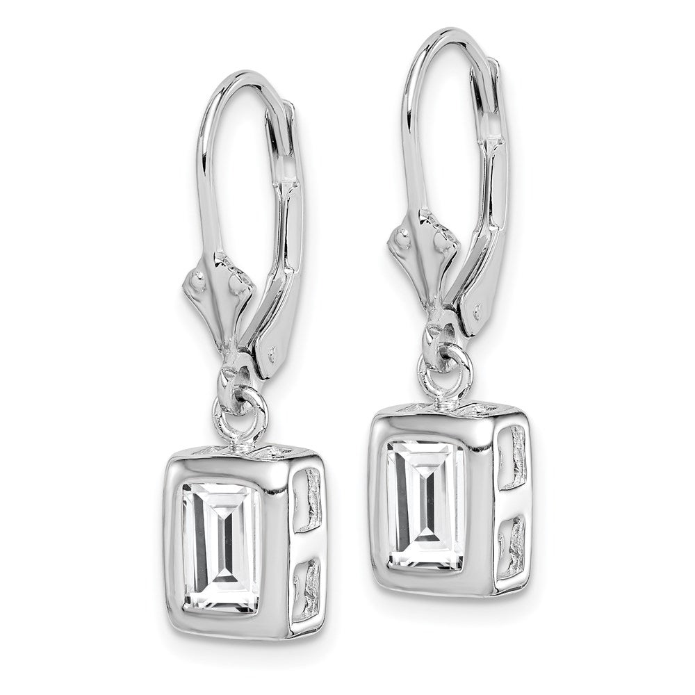 Sterling Silver Rhodium Plated 7X5 Emerald Cut Cz Leverback Earrings