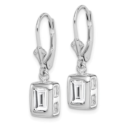 Sterling Silver Rhodium Plated 7X5 Emerald Cut Cz Leverback Earrings