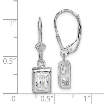 Sterling Silver Rhodium Plated 7X5 Emerald Cut Cz Leverback Earrings
