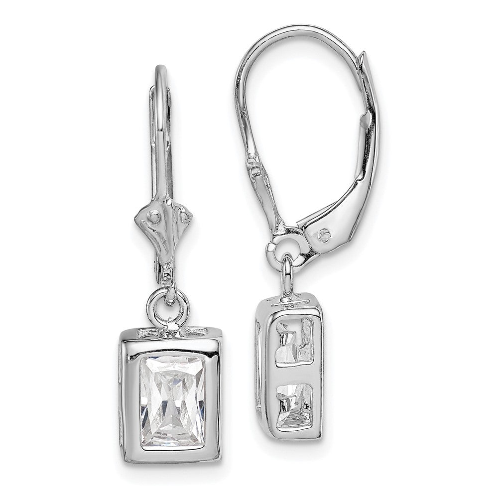 Sterling Silver Rhodium Plated 7X5 Emerald Cut Cz Leverback Earrings