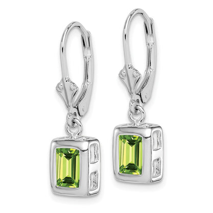 Sterling Silver Rhodium Plated 7X5 Emerald Cut Peridot Leverback Earrings