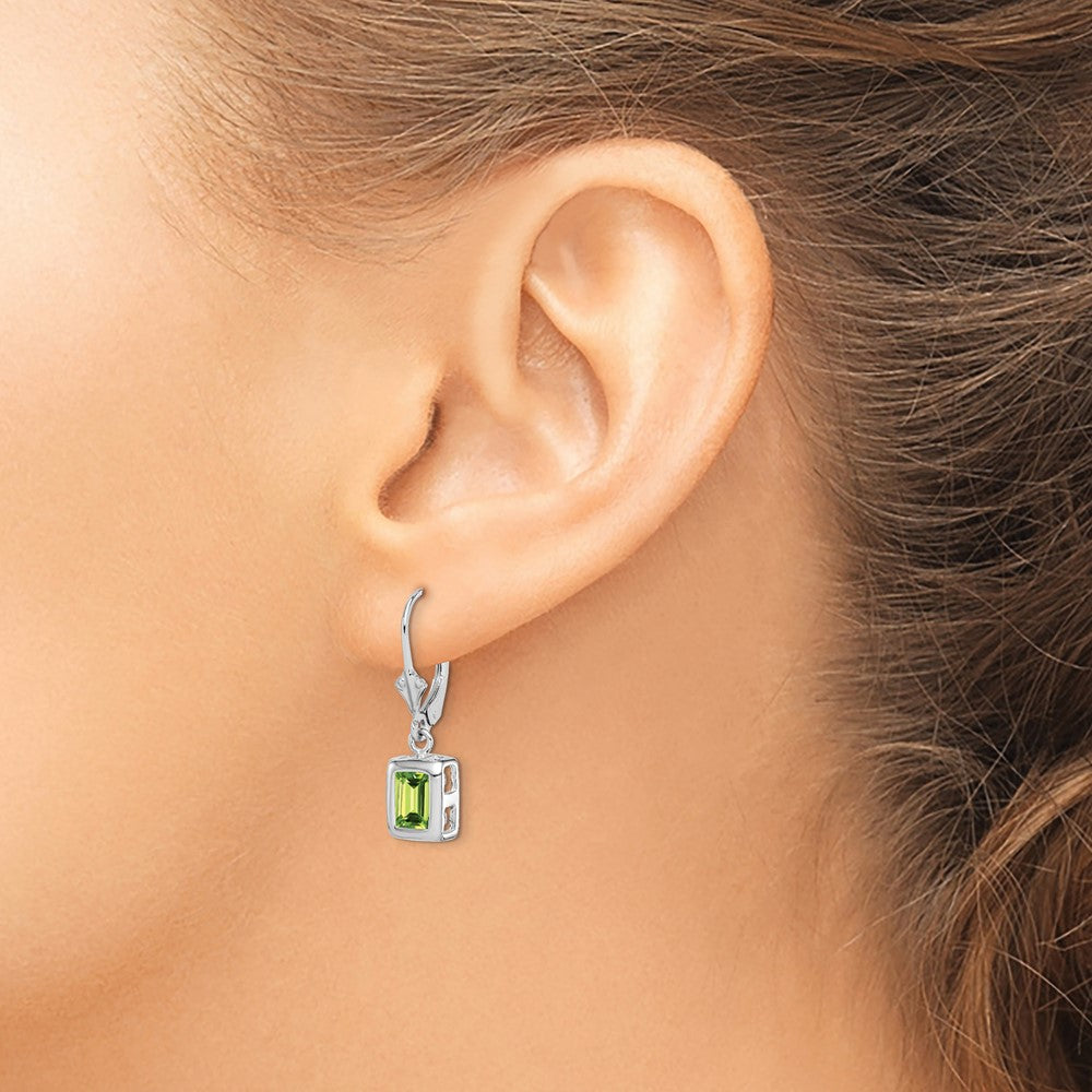 Sterling Silver Rhodium Plated 7X5 Emerald Cut Peridot Leverback Earrings